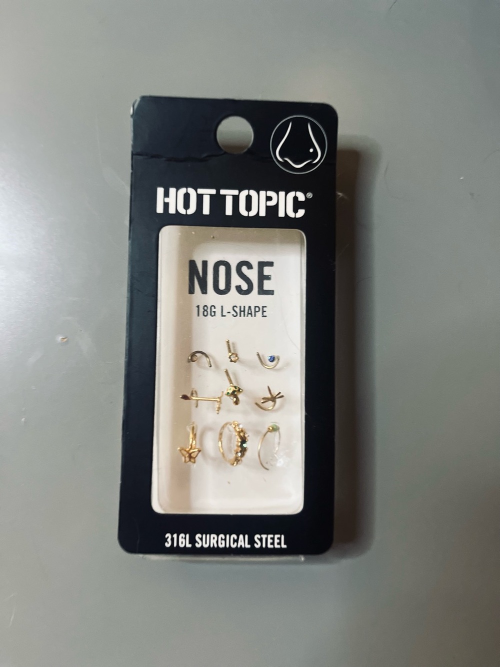 Hot Topic Nose Stud Set 9 Pack 18G L-Shape Gold Butterfly Mushroom NWT